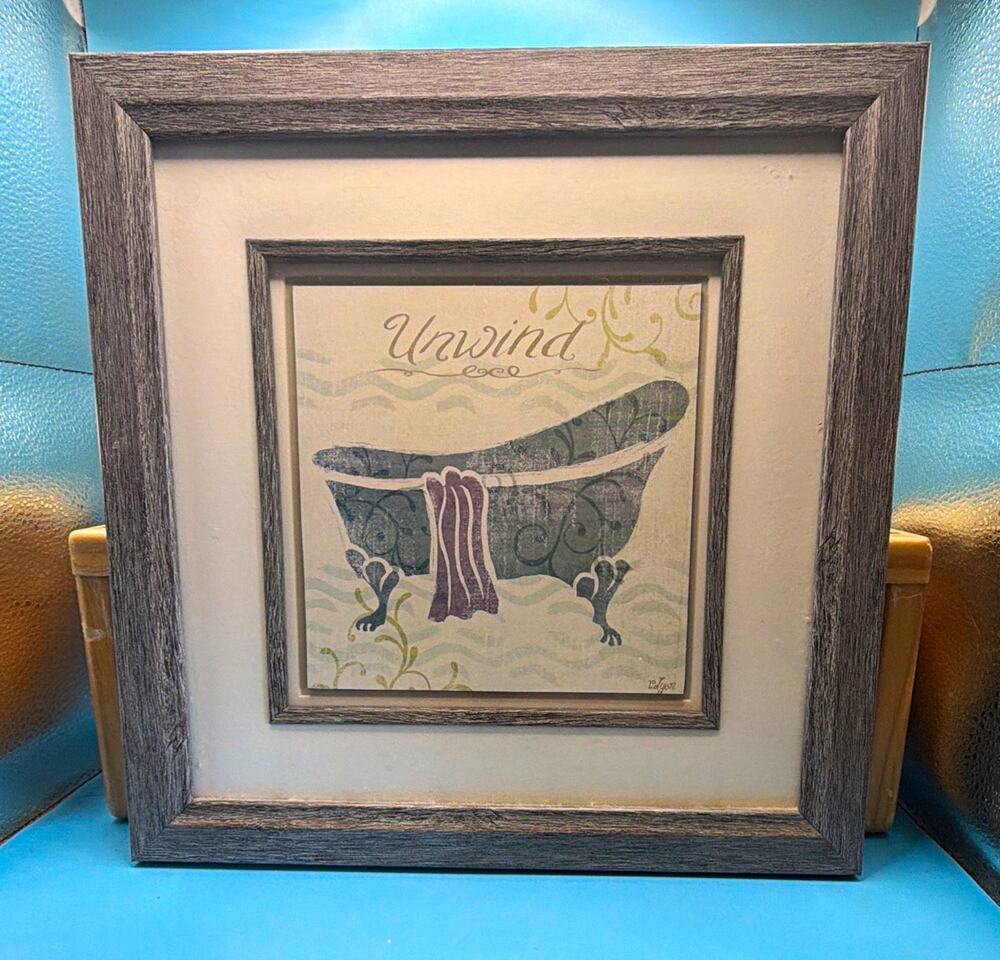 Unwind Framed & Matted Bathtub Illustration Art Print on Paper Signed 11.5x11.5